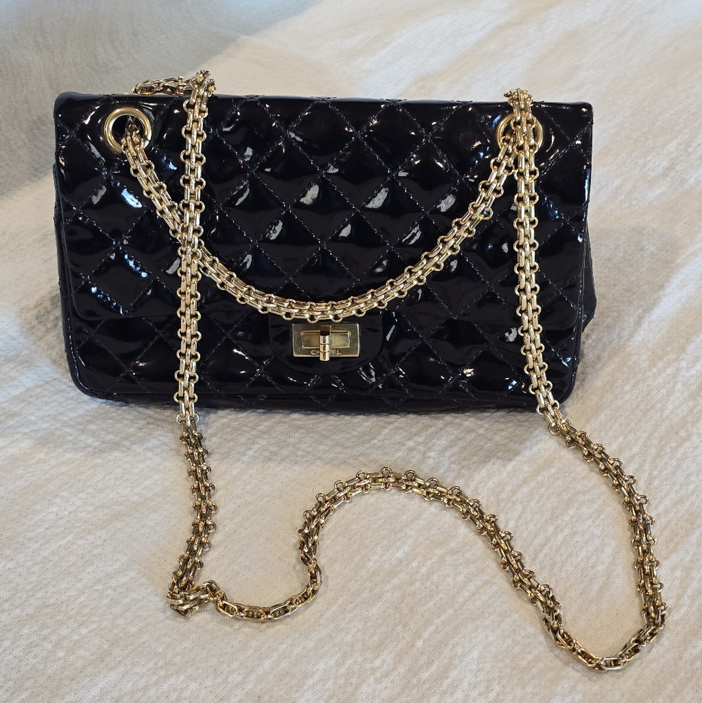 Chanel Black 2.55 Reissue Quilted Patent Leather Medium Accordion Flap Bag CC